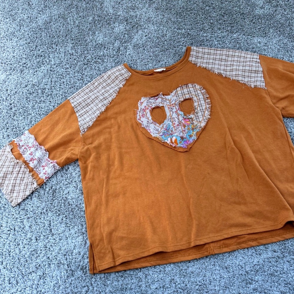 Easel Rust Orange Heart Patchwork Boho Sweatshirt  2X Plaid Floral Raw Edge